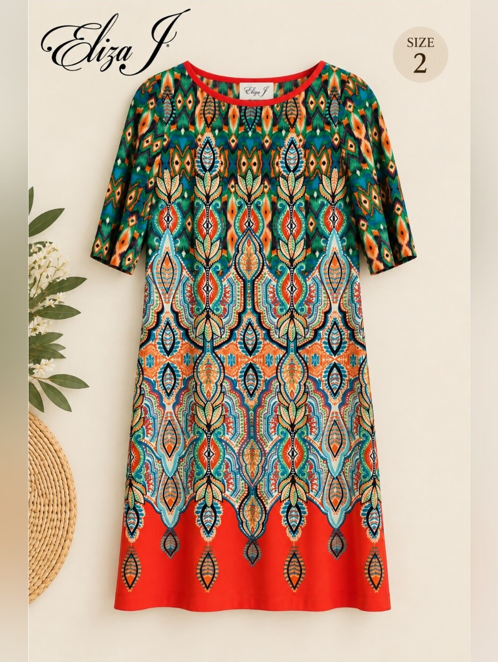 EUC Eliza J Beautiful Green and Red Orange Floral Print Dress, Size 2